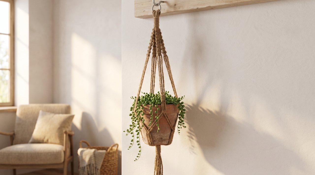 Rustic jute macramé plant hanger holding a terracotta pot in natural light
