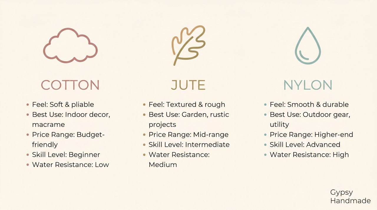 Infographic comparing cotton jute and nylon macramé cord for beginner crafters