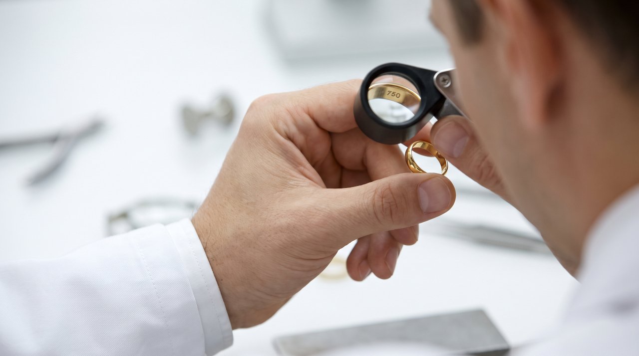 Jeweler examining gold ring hallmark stamp under a magnifying loupe