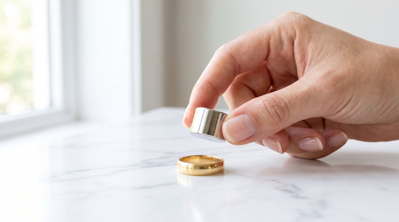 Strong neodymium magnet held near gold ring to test for real gold