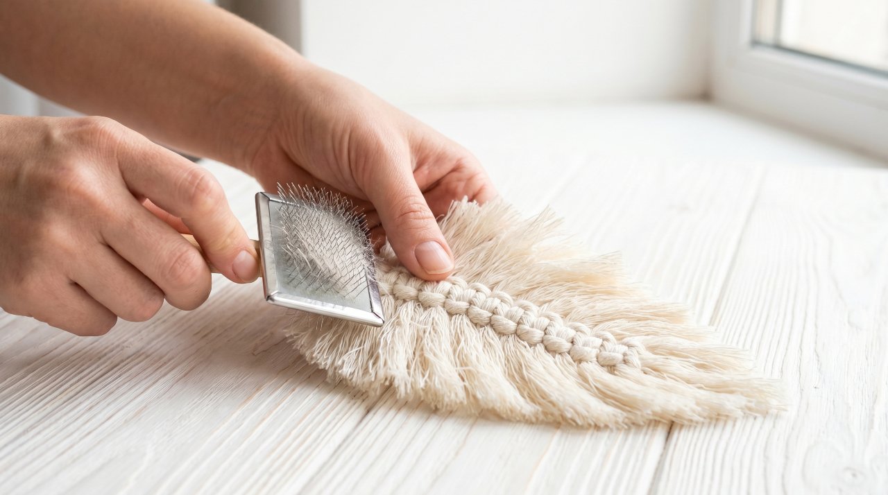 Hands brushing macrame feather with wire slicker brush showing brushing technique