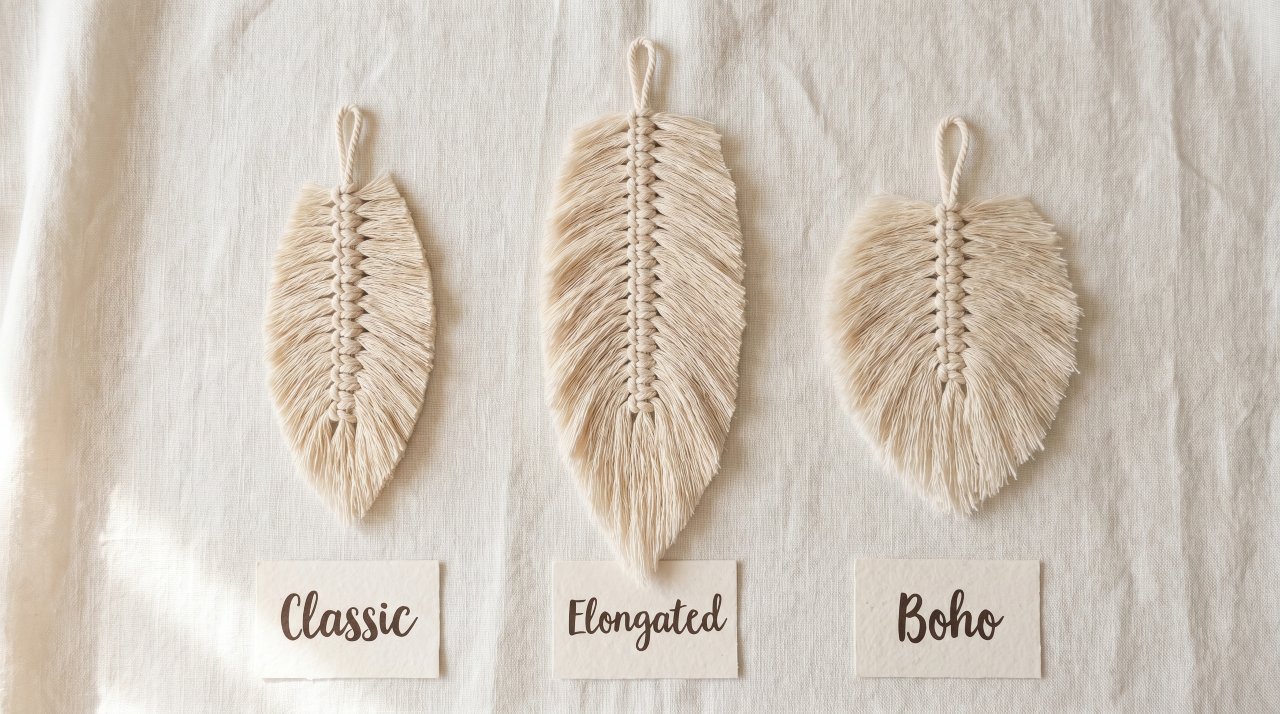 Comparison diagram of three macrame feather styles showing shape and proportions