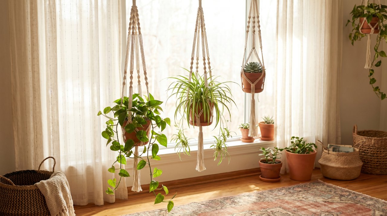 three macrame plant hangers at different heights holding pothos spider plant and succulent