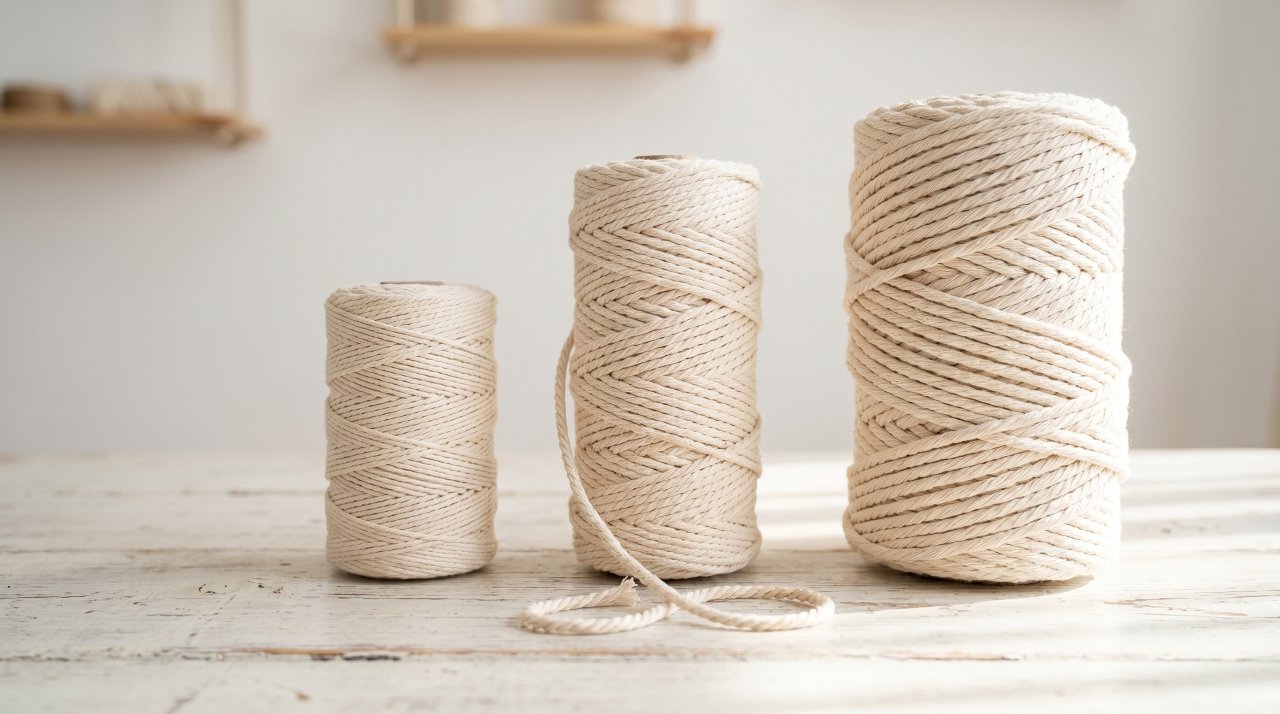 Three spools of cotton macrame cord in different thicknesses on a craft table