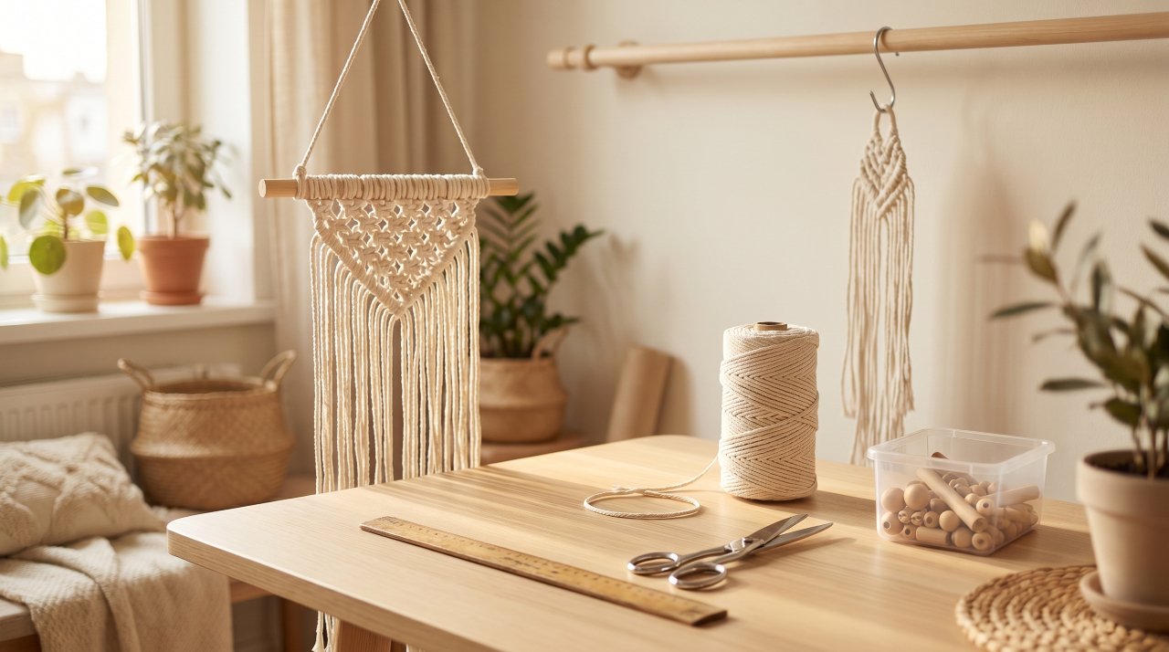 Beginner macrame workspace with cord and scissors on a light wooden desk