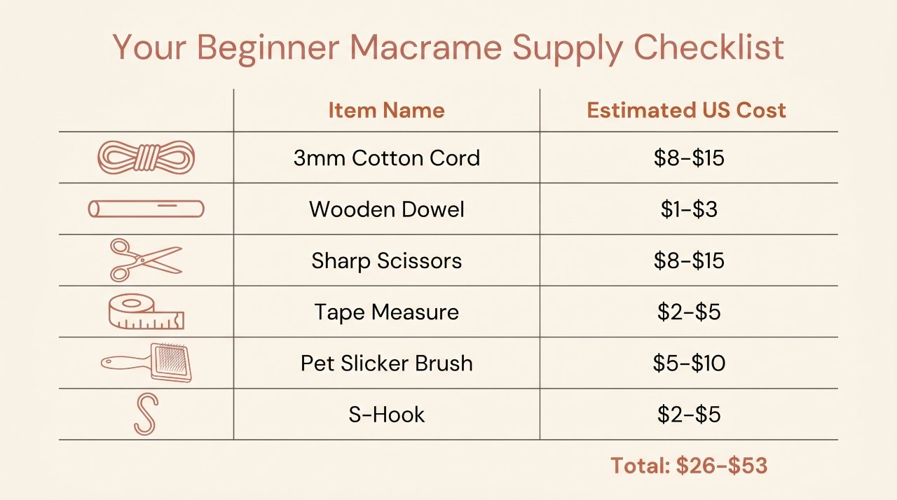 Beginner macrame supplies checklist showing six essential items and costs