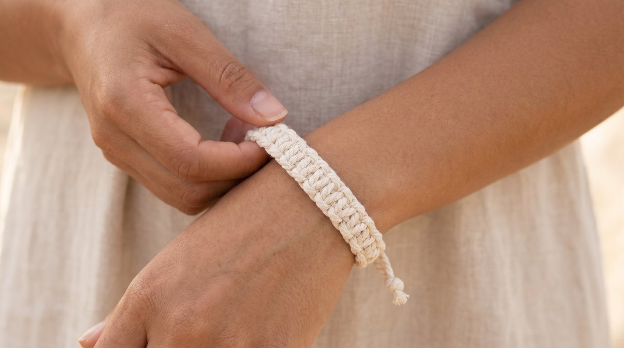 Finished macrame bracelet with square knots on a woman's wrist