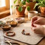Crafter's hands threading colorful polymer clay beads onto elastic cord for clay bead bracelet ideas over a warm wooden table