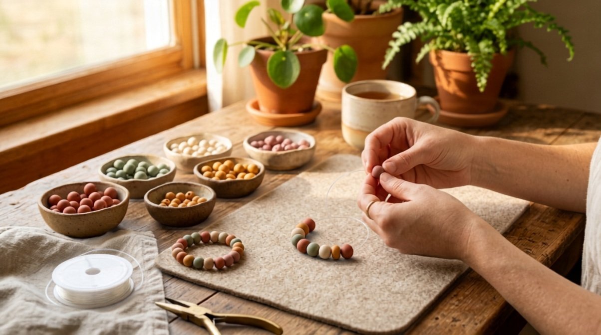 Crafter's hands threading colorful polymer clay beads onto elastic cord for clay bead bracelet ideas over a warm wooden table