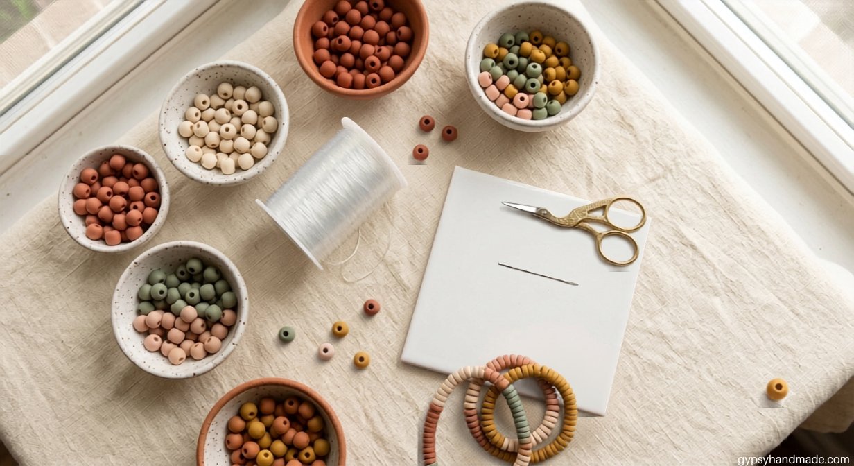 Flat-lay of clay bead bracelet making supplies including sorted colorful polymer beads, elastic cord, and scissors on a cream linen surface