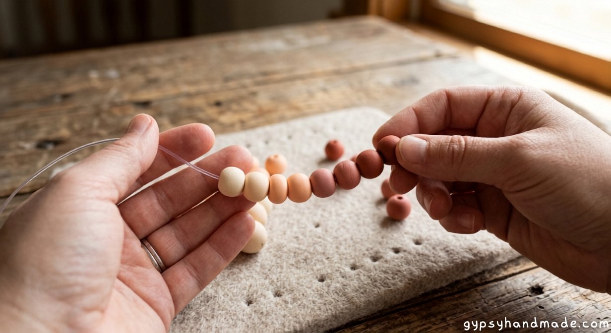 Hands threading a gradient cream-to-terracotta polymer clay bead sequence onto clear elastic cord for a clay bead bracelet