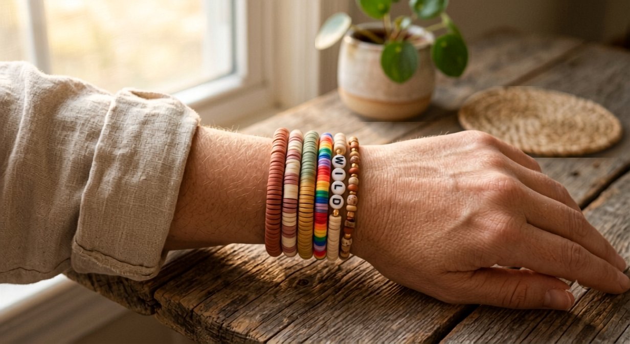 A wrist stacked with six finished clay bead bracelets in gradient, solid, word, and alternating patterns in warm earthy tones