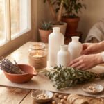A crafter's hands arranging a collection of aesthetic handmade craft projects on a rustic table including macramé, clay bowls, dried botanicals, and painted glass vases.