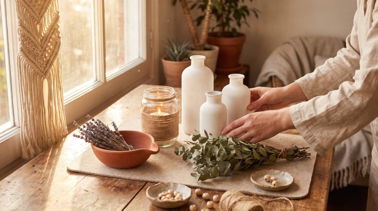 A crafter's hands arranging a collection of aesthetic handmade craft projects on a rustic table including macramé, clay bowls, dried botanicals, and painted glass vases.