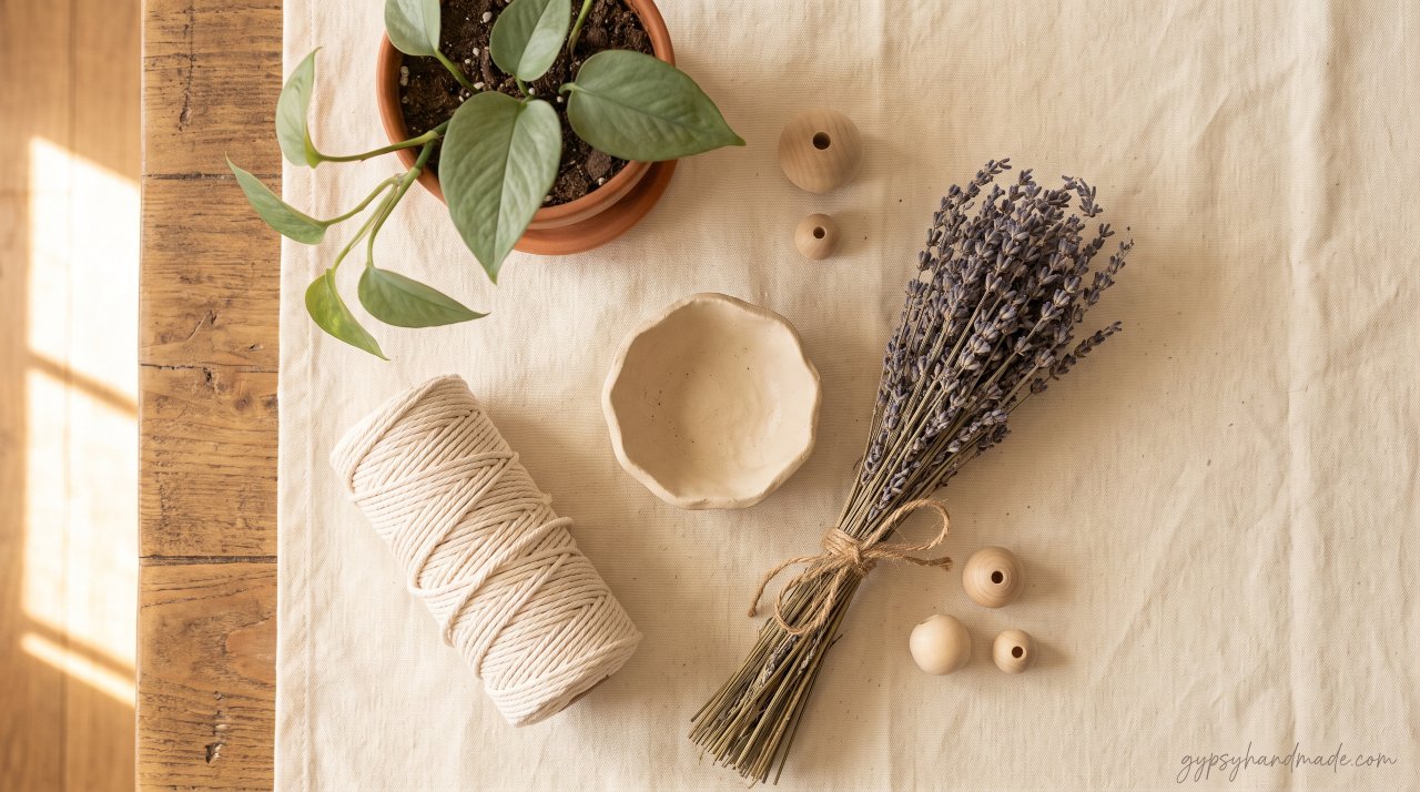 Flat-lay of aesthetic craft materials including macramé cord, air-dry clay bowl, dried lavender, and terracotta pot on cream linen.
