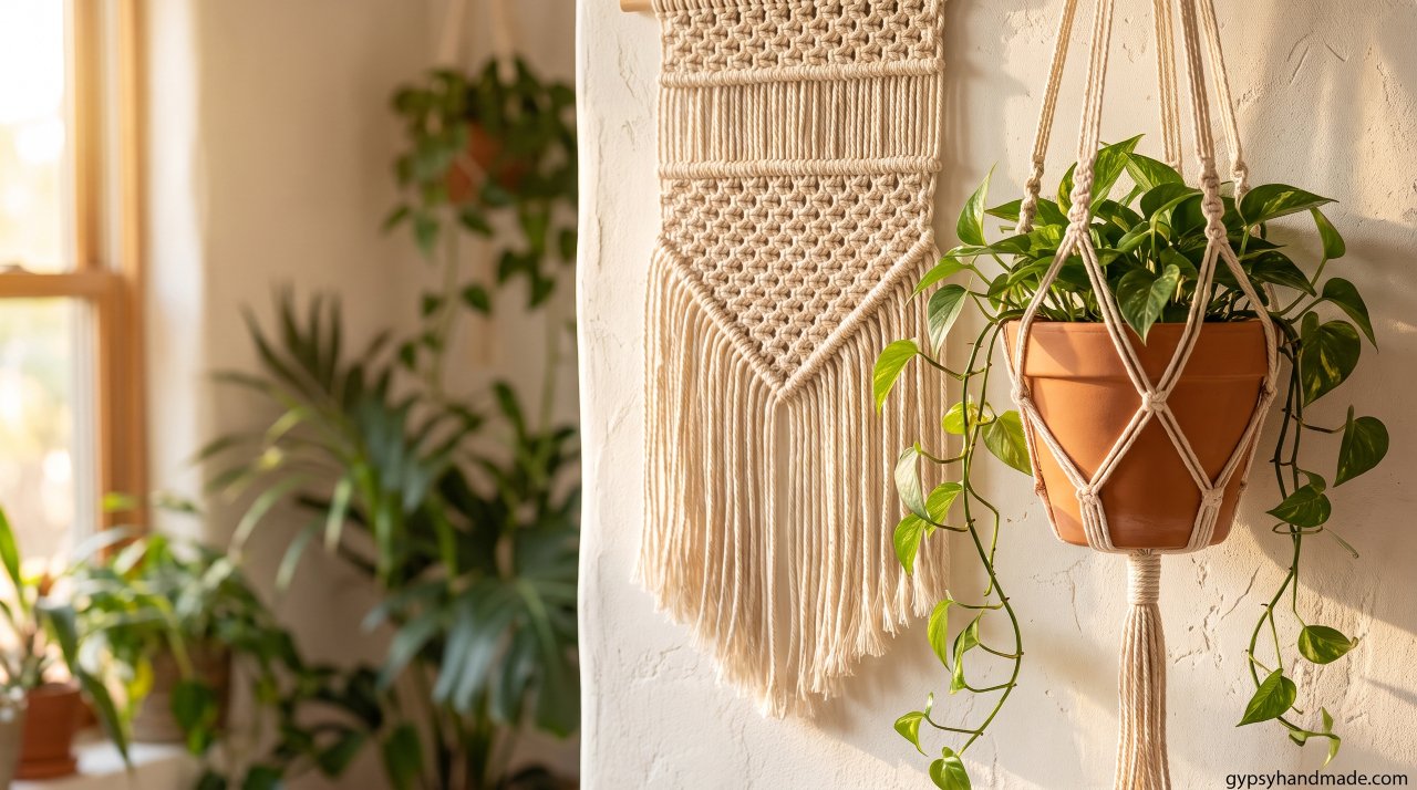 A macramé wall hanging and macramé plant hanger with a trailing pothos in a terracotta pot displayed together on a white wall.