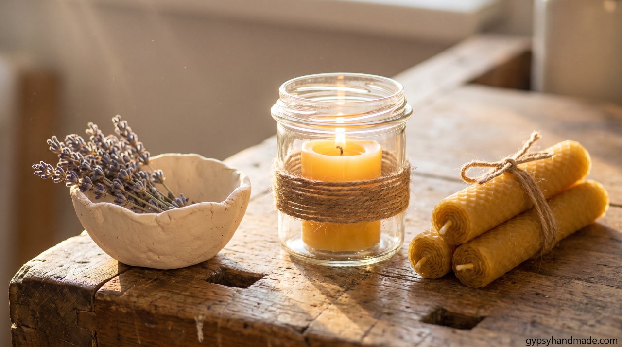 Styled vignette of small aesthetic craft projects including a clay pinch bowl with dried lavender, a twine-wrapped candle jar, and beeswax taper candles.