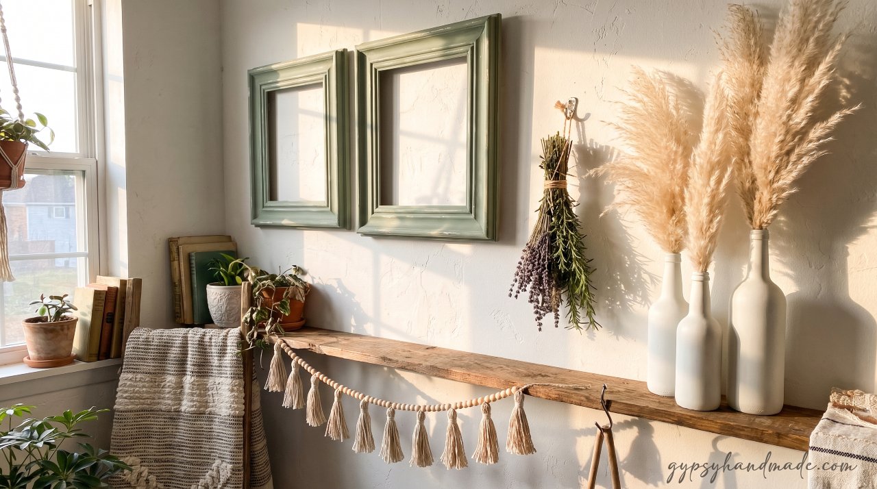 A styled boho room corner featuring chalk-painted frames, a linen tassel garland, dried herb bundle, and matte white glass vases as aesthetic handmade craft displays.