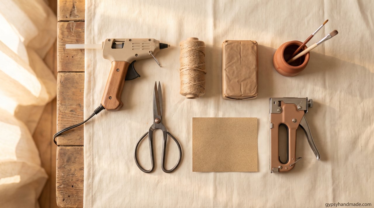 Flat-lay of DIY jewelry holder project tools including scissors, glue gun, jute twine, and air-dry clay on cream linen.
