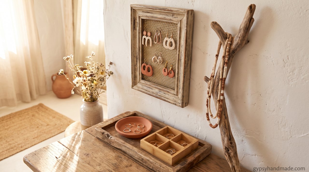 Styled dressing table corner showing a picture frame earring holder, driftwood necklace display, clay ring dish, and bamboo jewelry tray.