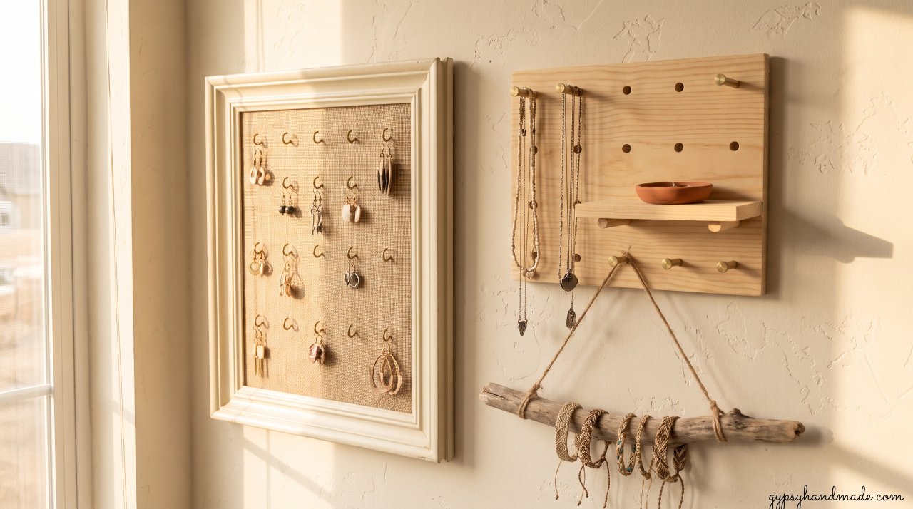 Styled DIY jewelry wall display with a picture frame earring holder, wooden pegboard with necklaces, and a driftwood bracelet display.