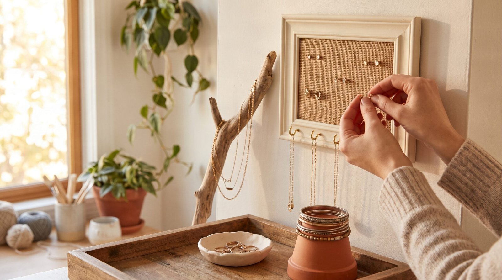 Crafter's hands arranging jewelry on a DIY picture frame earring holder on a white wall beside a driftwood display and clay ring dish.