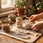 A collection of handmade gift ideas arranged on a rustic table including a macrame keychain, bath salts jar, and painted mug.