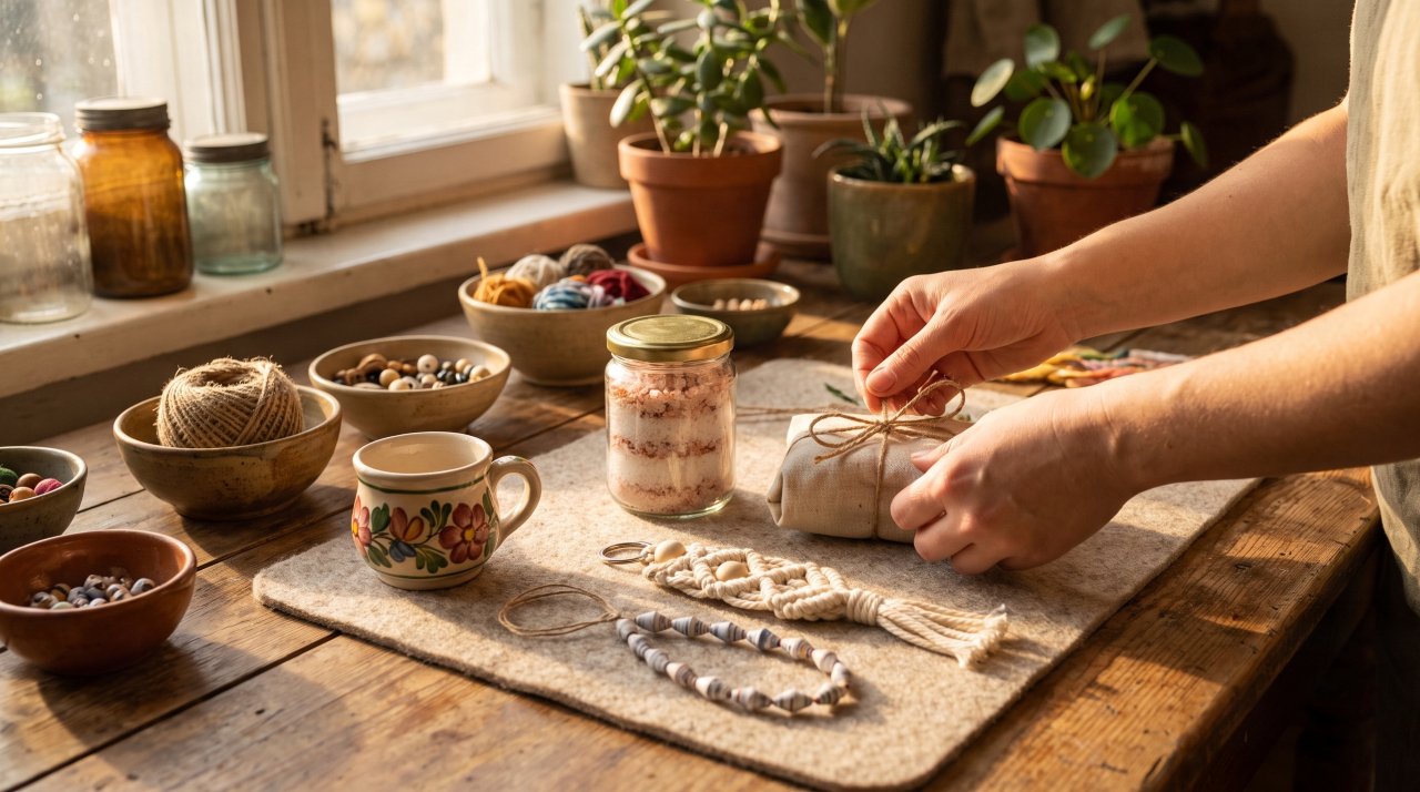 A collection of handmade gift ideas arranged on a rustic table including a macrame keychain, bath salts jar, and painted mug.