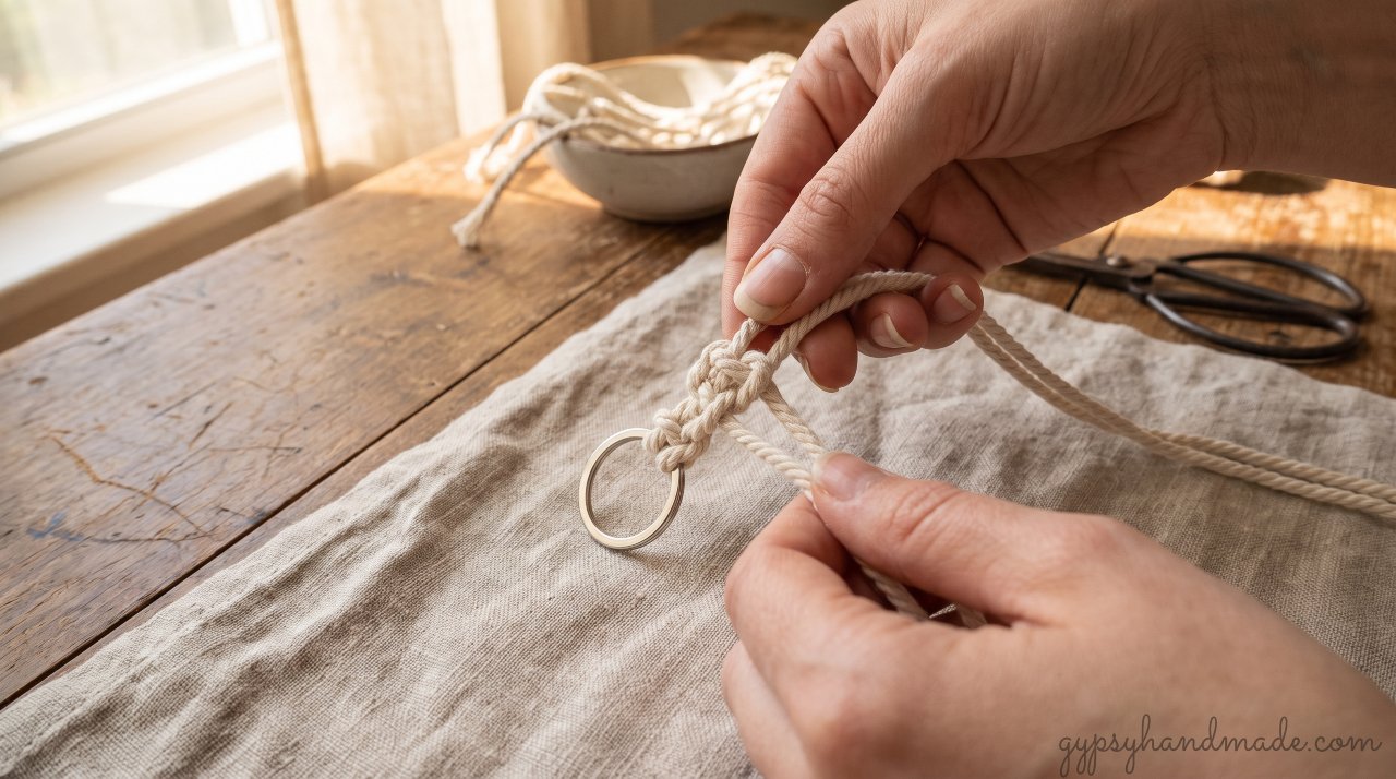 Hands tying square knots in cotton cord to make a macrame keychain, one of the easiest handmade gift ideas.