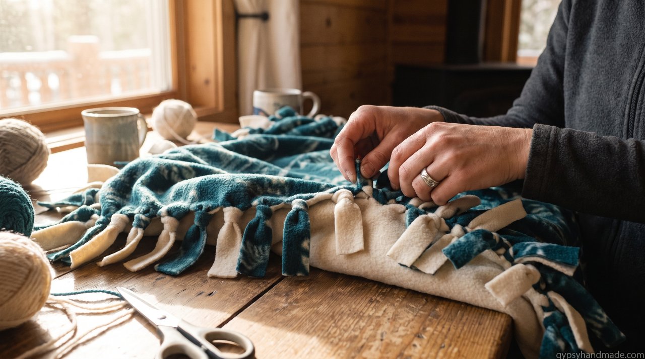 Hands tying knotted fringe on a no-sew fleece blanket, one of the warmest handmade gift ideas on this list.
