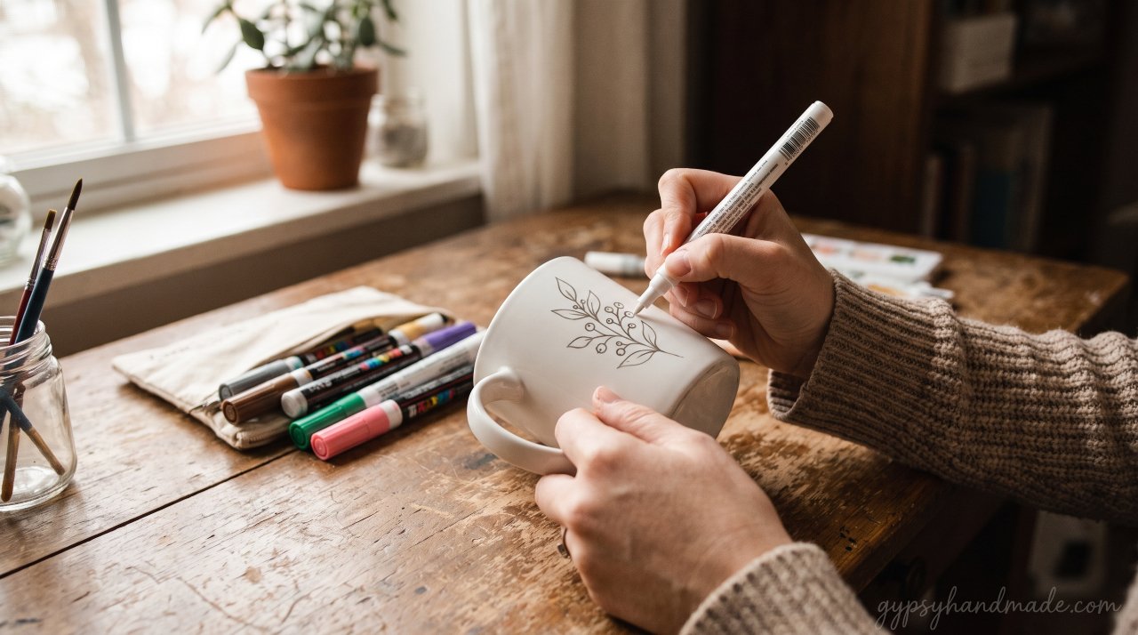 Hands drawing a botanical design on a white ceramic mug with a paint pen, one of the most personal handmade gift ideas.
