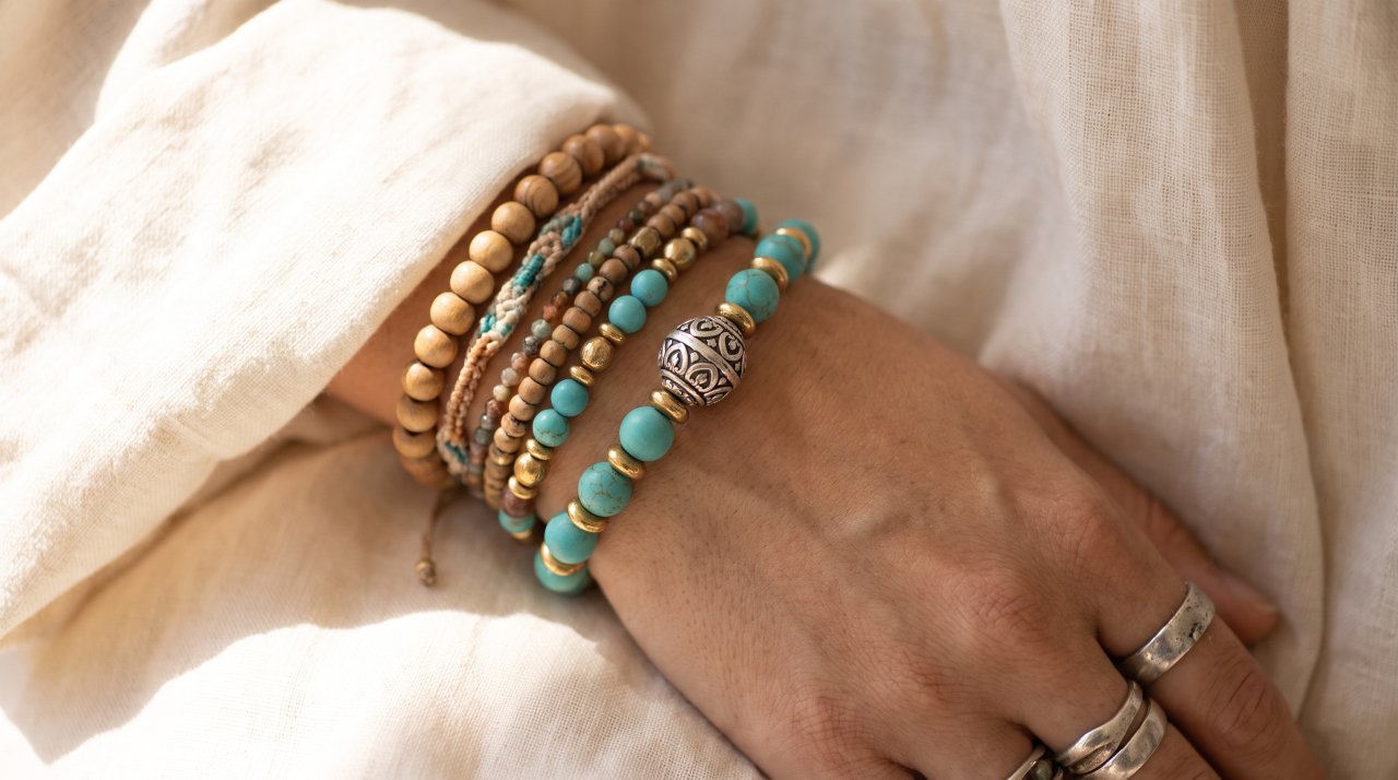 Finished bohemian beaded bracelet on wrist with turquoise and gold beads