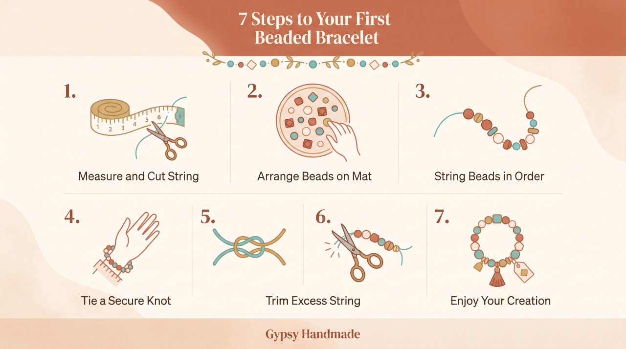 Step-by-step infographic showing how to make a beaded bracelet at home