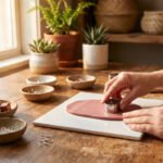 Hands pressing a clay cutter into rolled pink polymer clay on a ceramic tile to make earrings at home, warm golden window light.