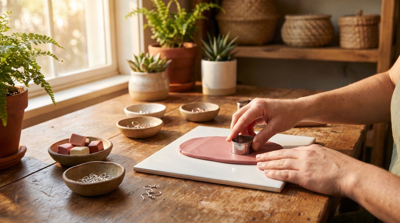 Hands pressing a clay cutter into rolled pink polymer clay on a ceramic tile to make earrings at home, warm golden window light.