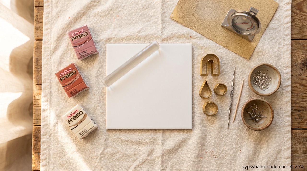 Overhead flat lay of polymer clay earring-making supplies on cream linen including clay blocks, acrylic roller, cutters, findings, and oven thermometer.