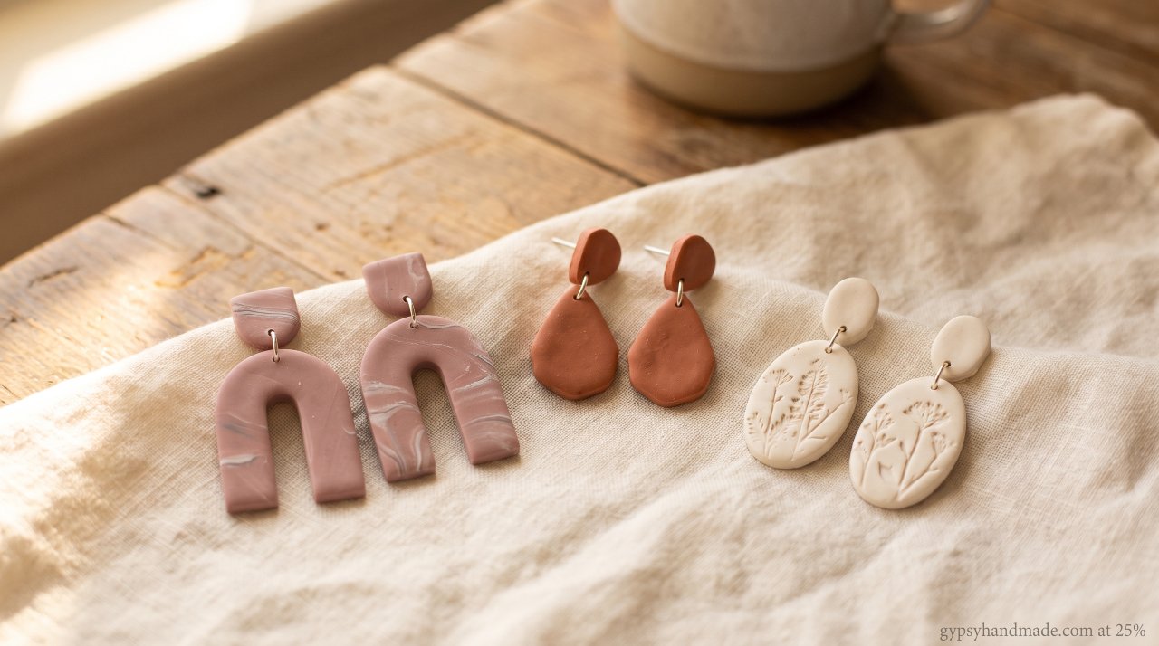 Three pairs of handmade polymer clay earrings on cream linen showing arch, teardrop, and oval shapes in rose, terracotta, and ivory.