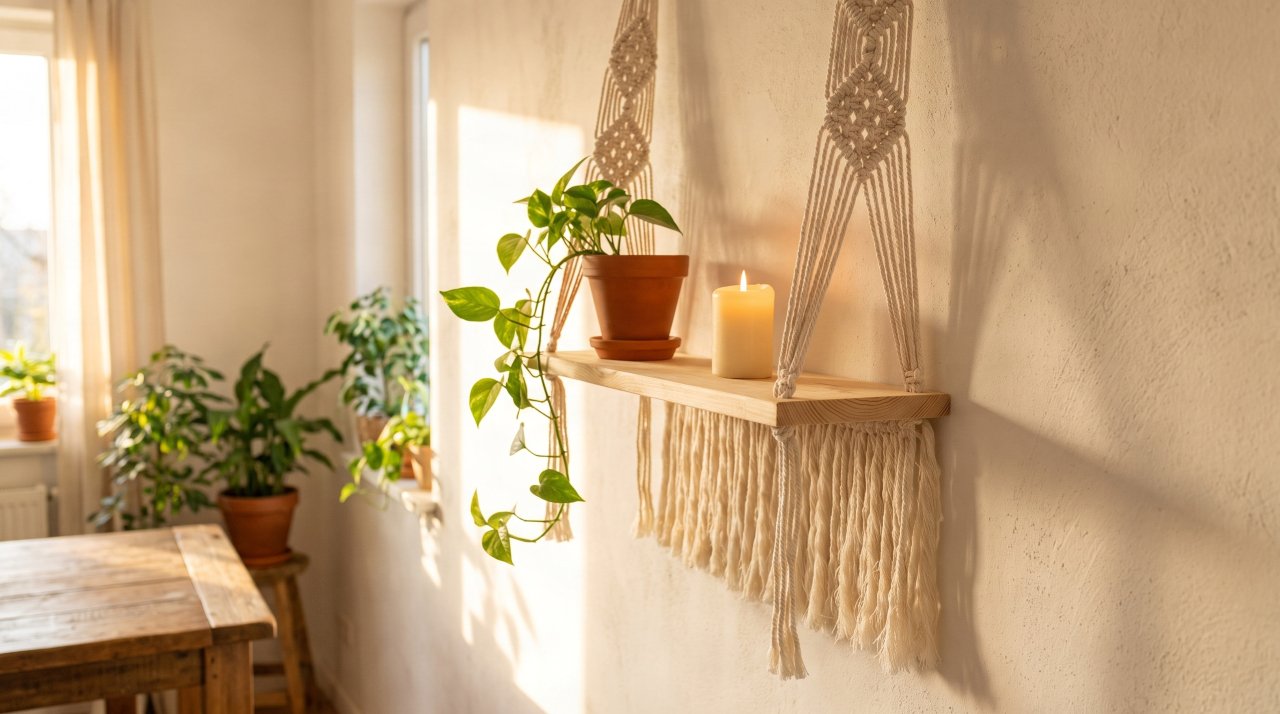 A finished macramé floating shelf with a pine board, knotted cotton cord hangers, and a trailing pothos plant mounted on a white wall.