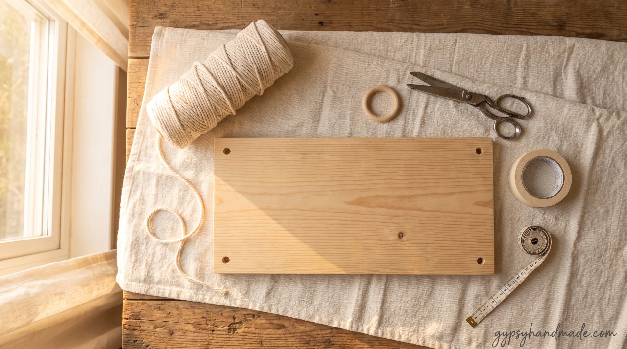 Flat-lay of macramé floating shelf materials including a pine board with drilled holes, 4mm cotton cord, scissors, and a wooden ring on a cream linen surface.