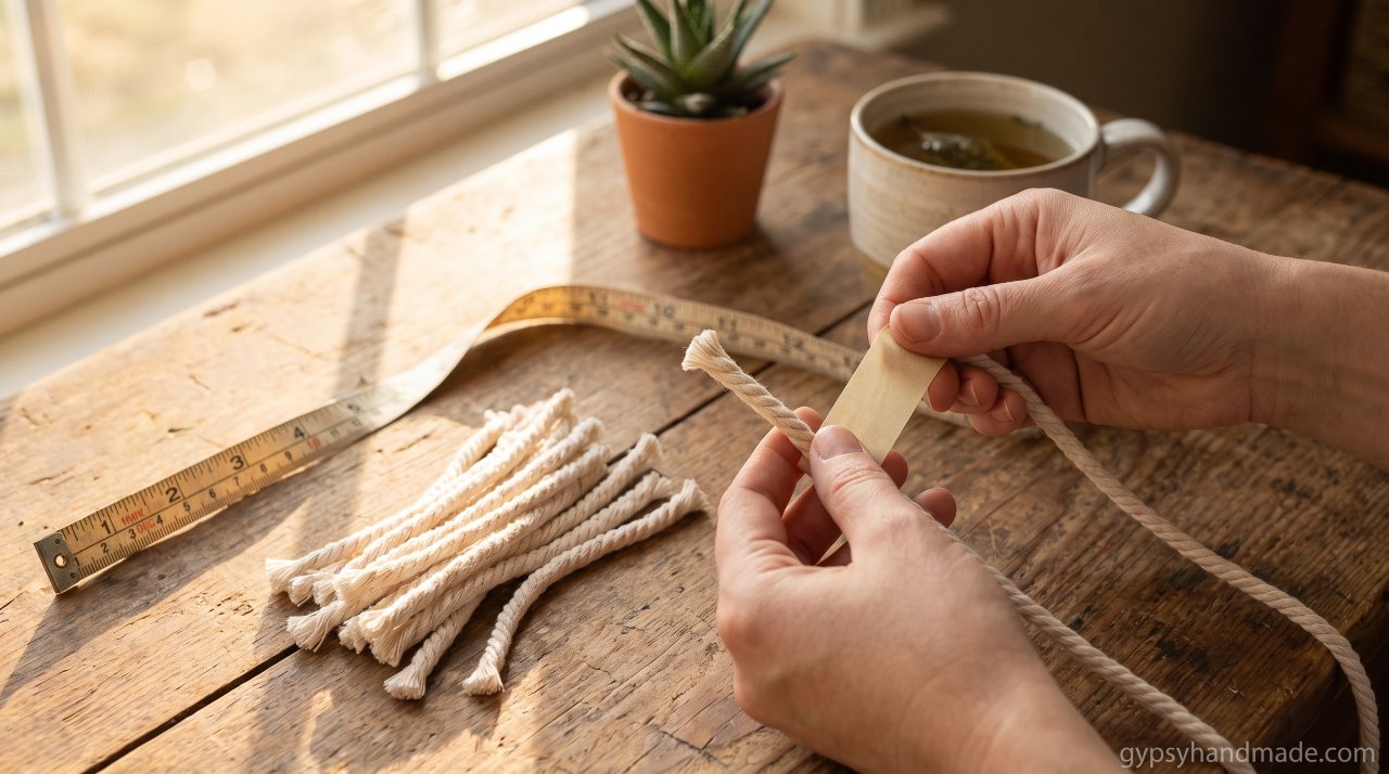 Hands wrapping masking tape around cut macramé cord ends on a rustic table, preparing for the floating shelf threading step.