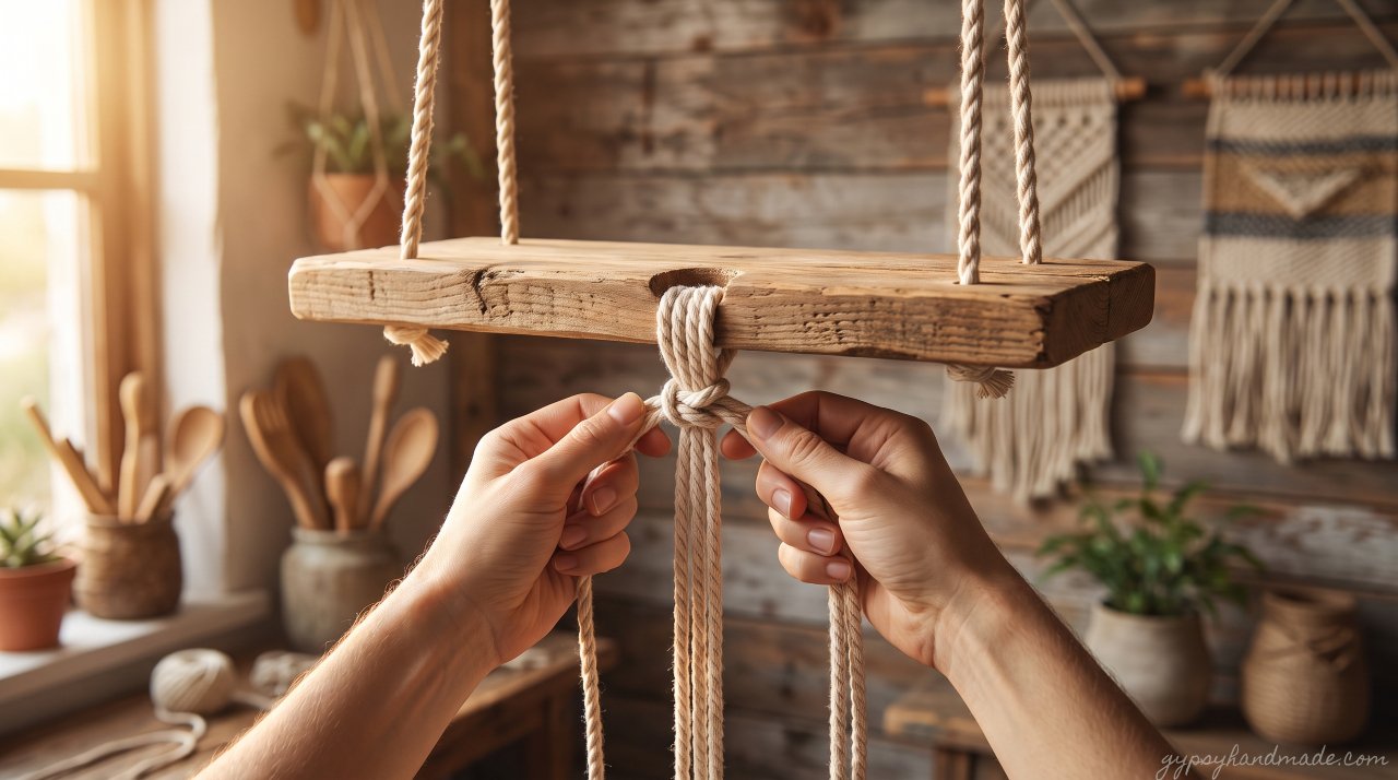 Hands tying a gathering knot beneath a drilled pine shelf board on hanging macramé cords, securing the shelf's position.