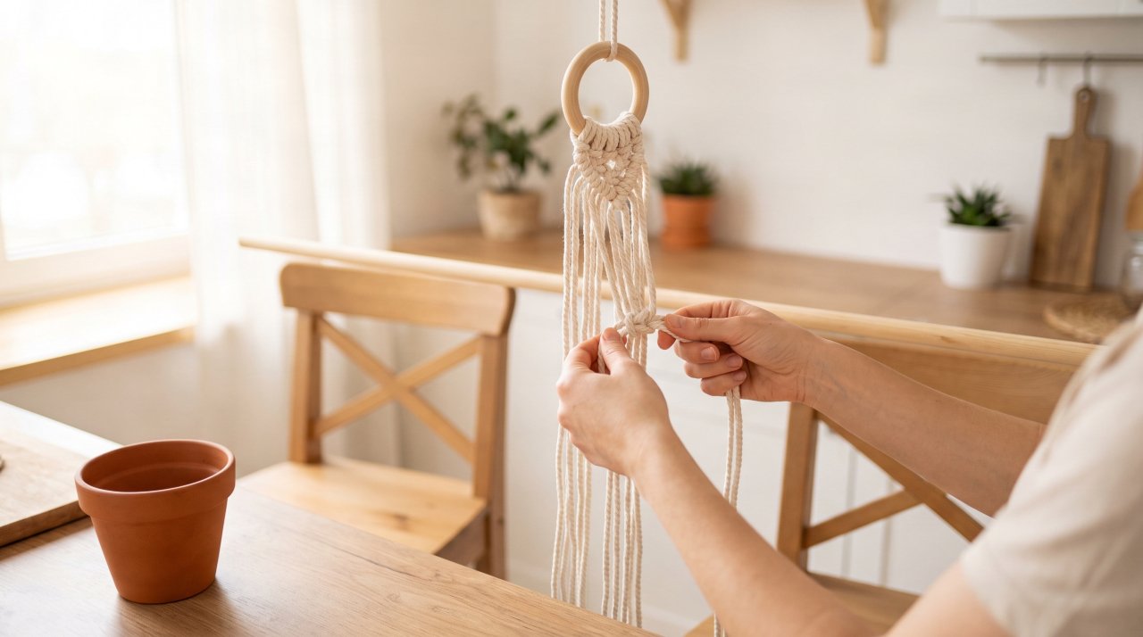 Beginner making a macrame plant hanger with cotton cord and wooden ring