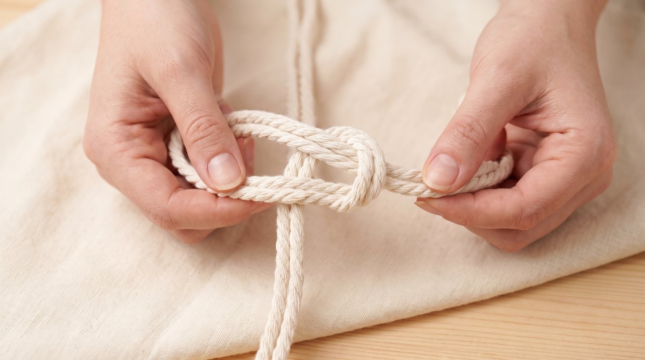 Close-up of macrame square knot tied with white cotton cord on a plant hanger
