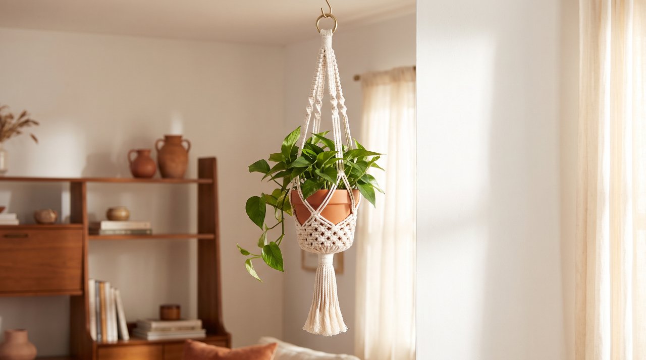 Finished macrame plant hanger holding a green pothos plant in terracotta pot