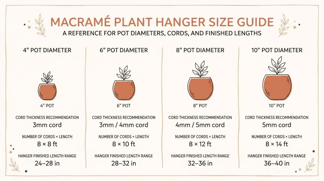 Macrame plant hanger pot size guide showing cord lengths for four pot sizes