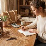 Crafter calculating handmade craft prices at wooden desk with notebook and supplies
