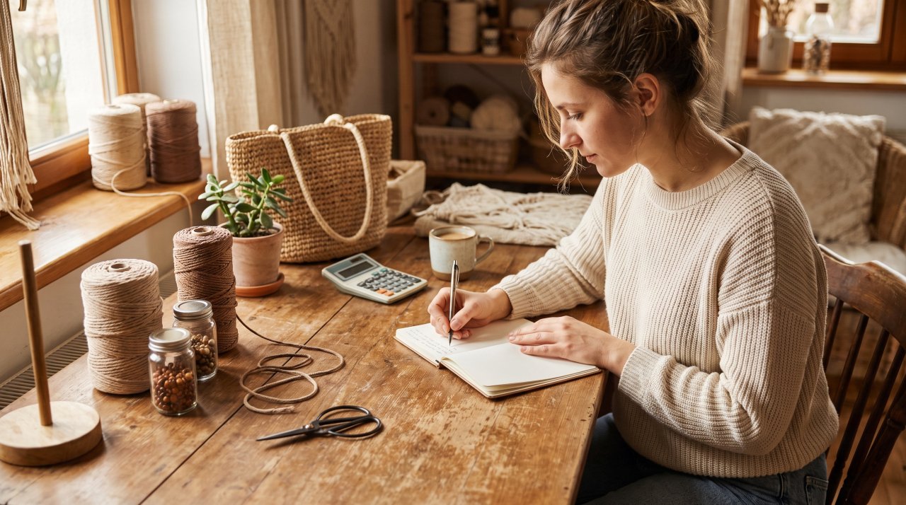 Crafter calculating handmade craft prices at wooden desk with notebook and supplies