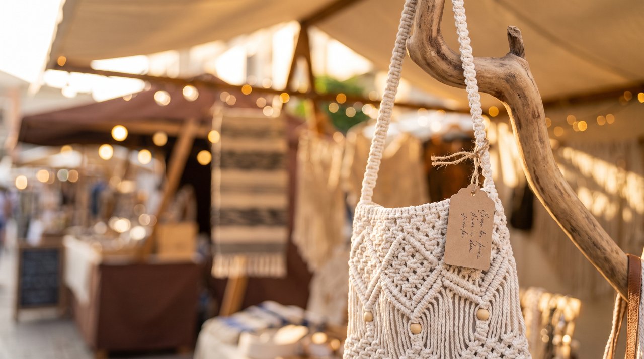 Handmade macramé bag with price tag on wooden display at craft fair