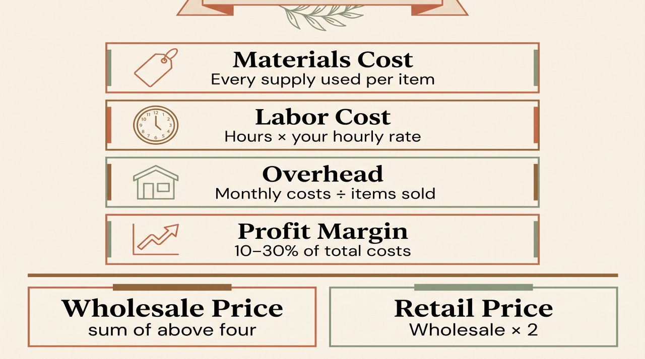 Infographic showing handmade craft pricing formula with four steps and icons