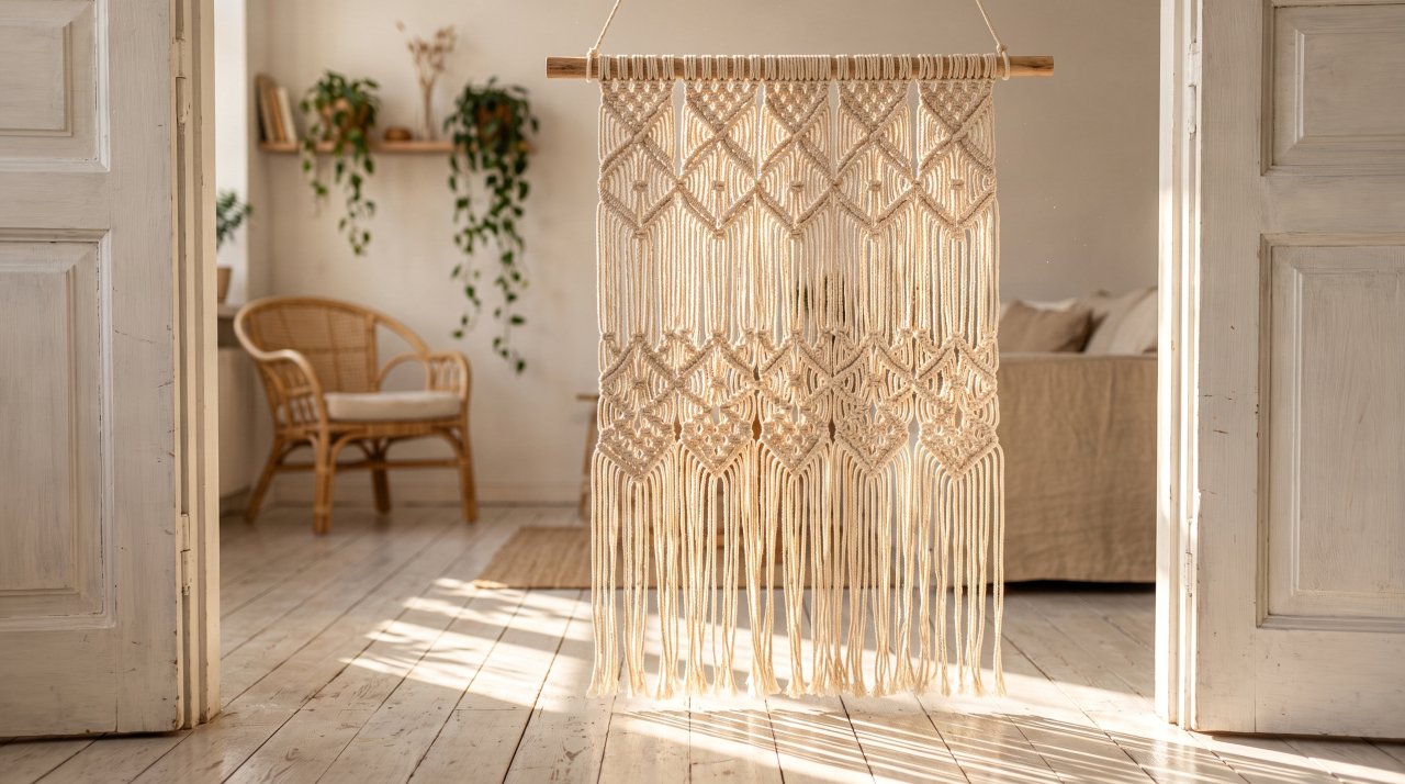A handmade macrame curtain hanging in a sunlit boho doorway with natural cord